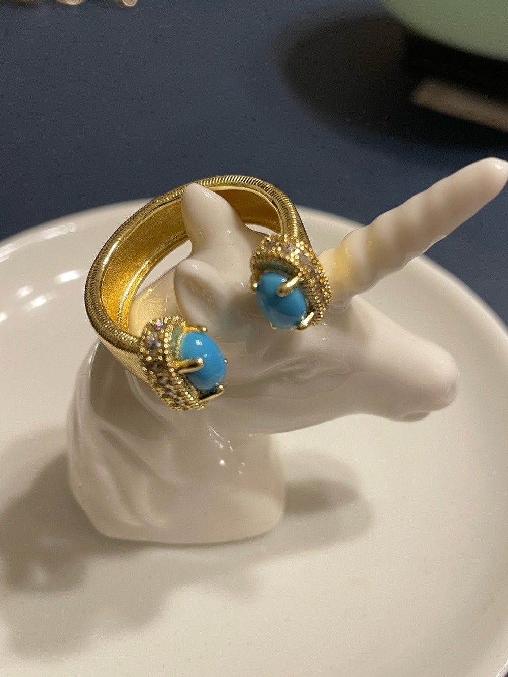 Brushes Gold Adjustable Ring with Turquoise Cabochons